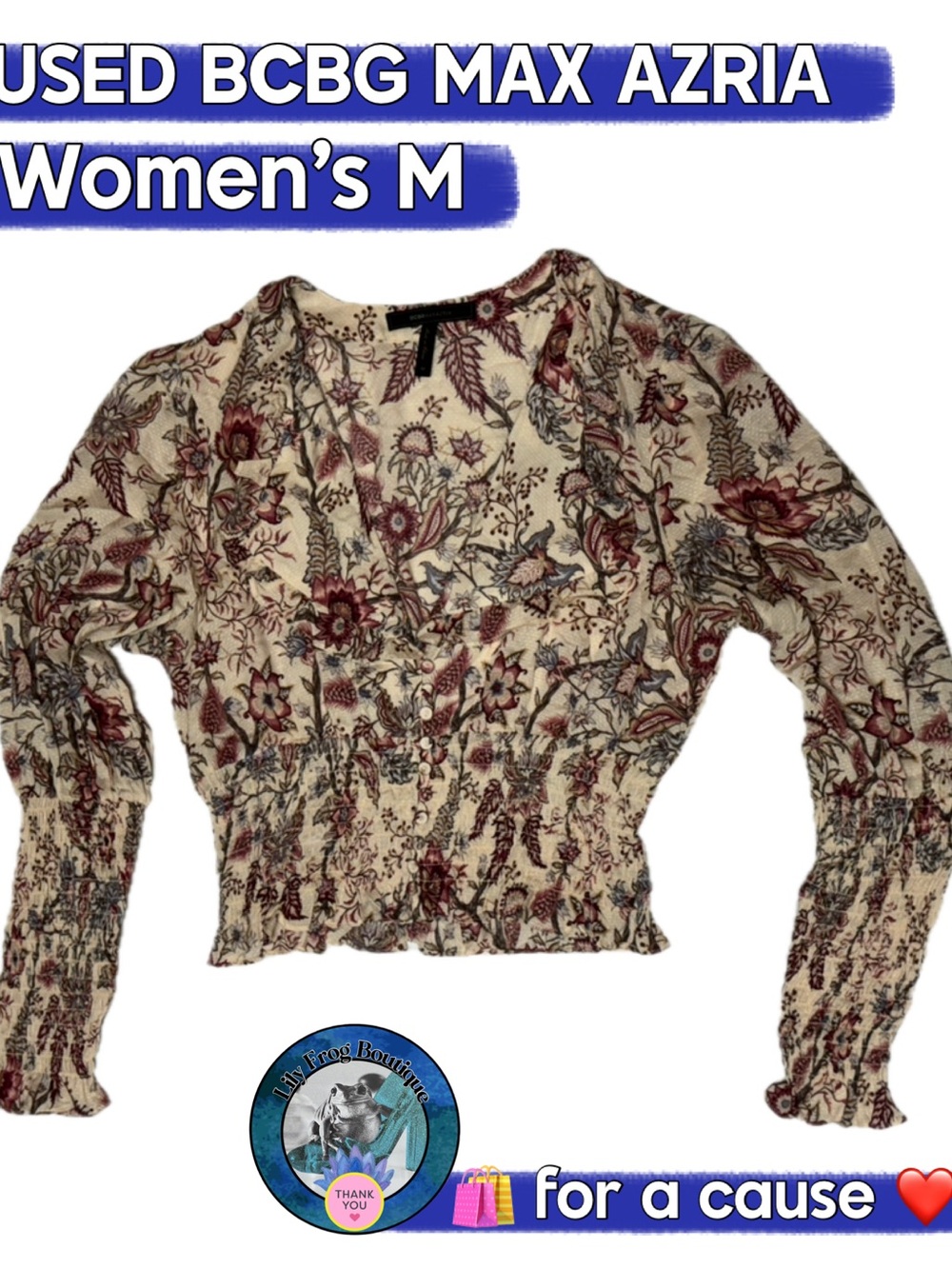 BCBGMaxAzria Cream Blouse with Burgundy Floral Print